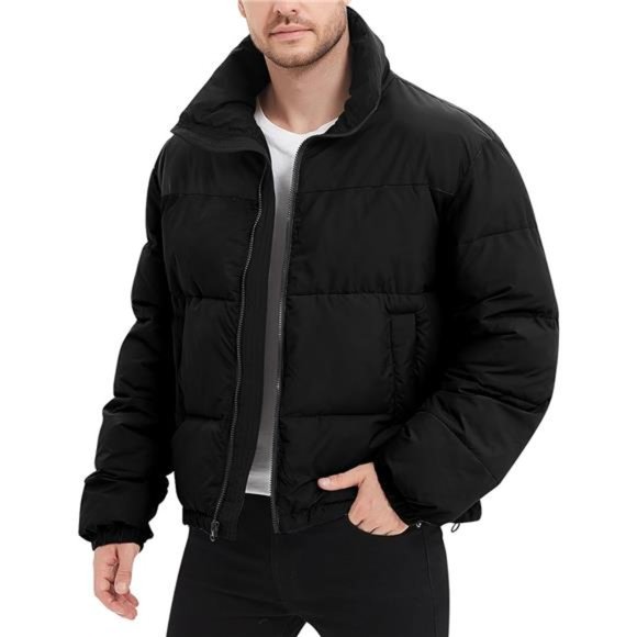 Men’s Puffer Jacket Stand Collar Zipper Coat with Pockets Retro Bubble, Black - Picture 1 of 6